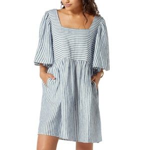 Joie Anjelica Blue Striped Smock Dress Size Medium EUC Linen Trumpet Sleeves